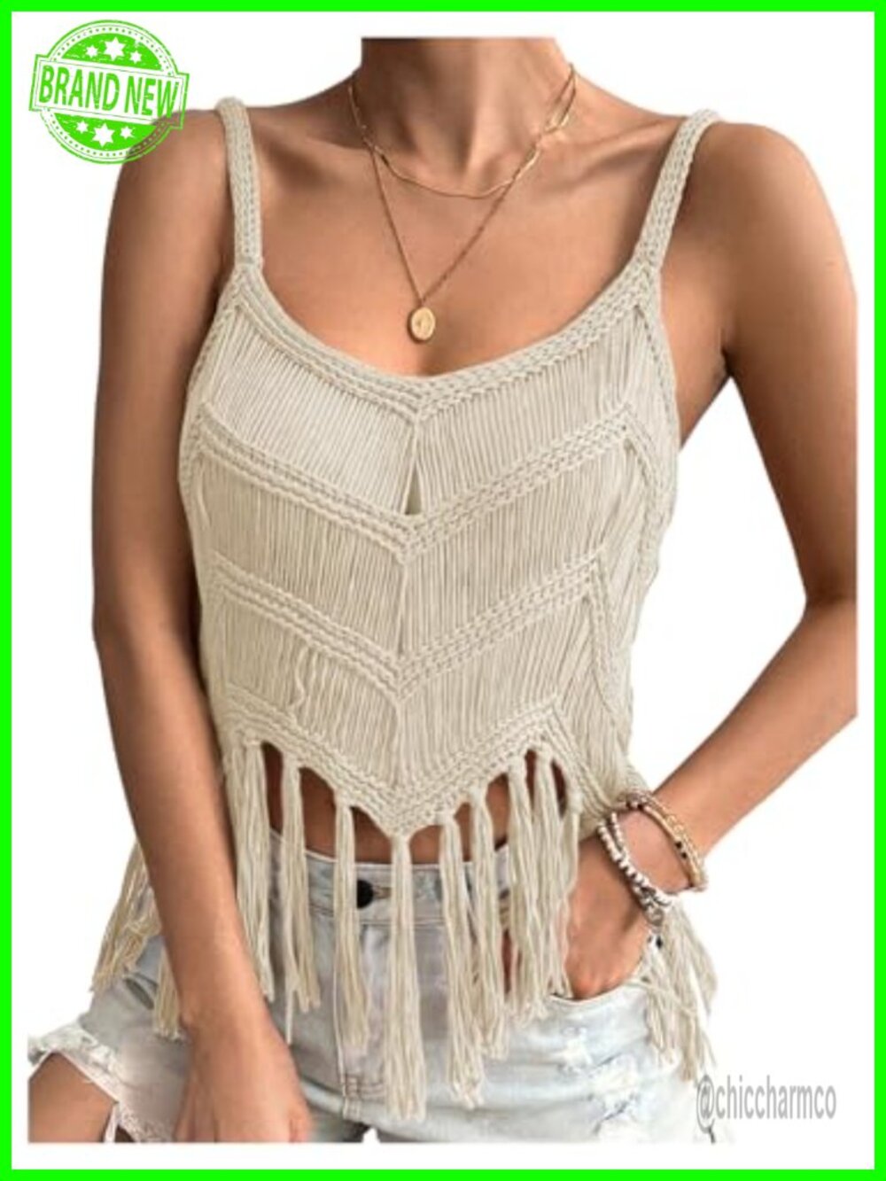 Women's Tassel Trim Sleeveless Crochet Fringe Top V Neck Tank